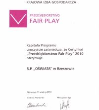 Certyfikat Przedsiębiorstwo Fair Play 2010